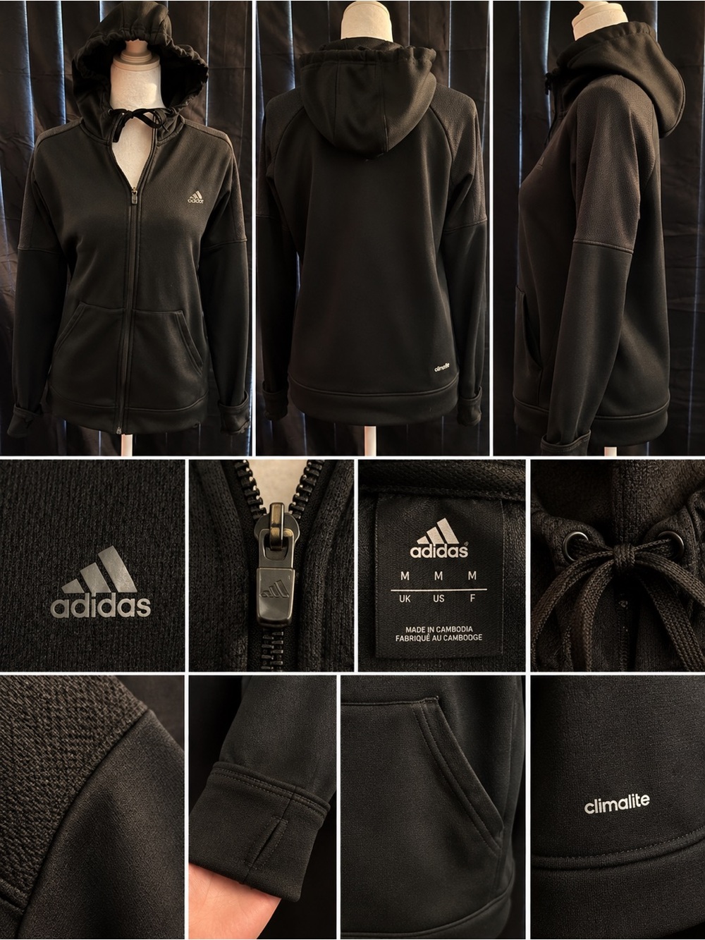 adidas Black Climalite Full-Zip Hooded Jacket size Meduim